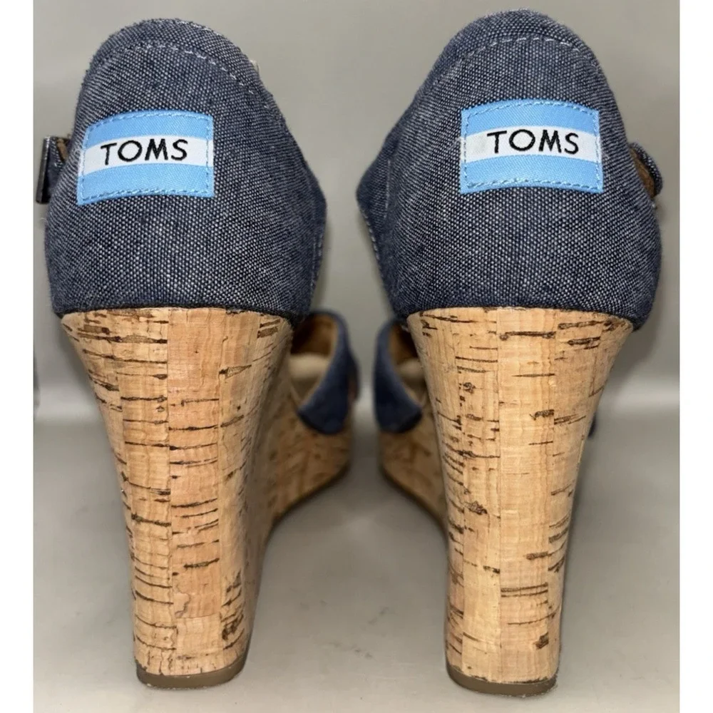 TOMS Sienna Cork Wedge Sandal Women Size 10 Blue Denim Strappy Open Toe Buckle